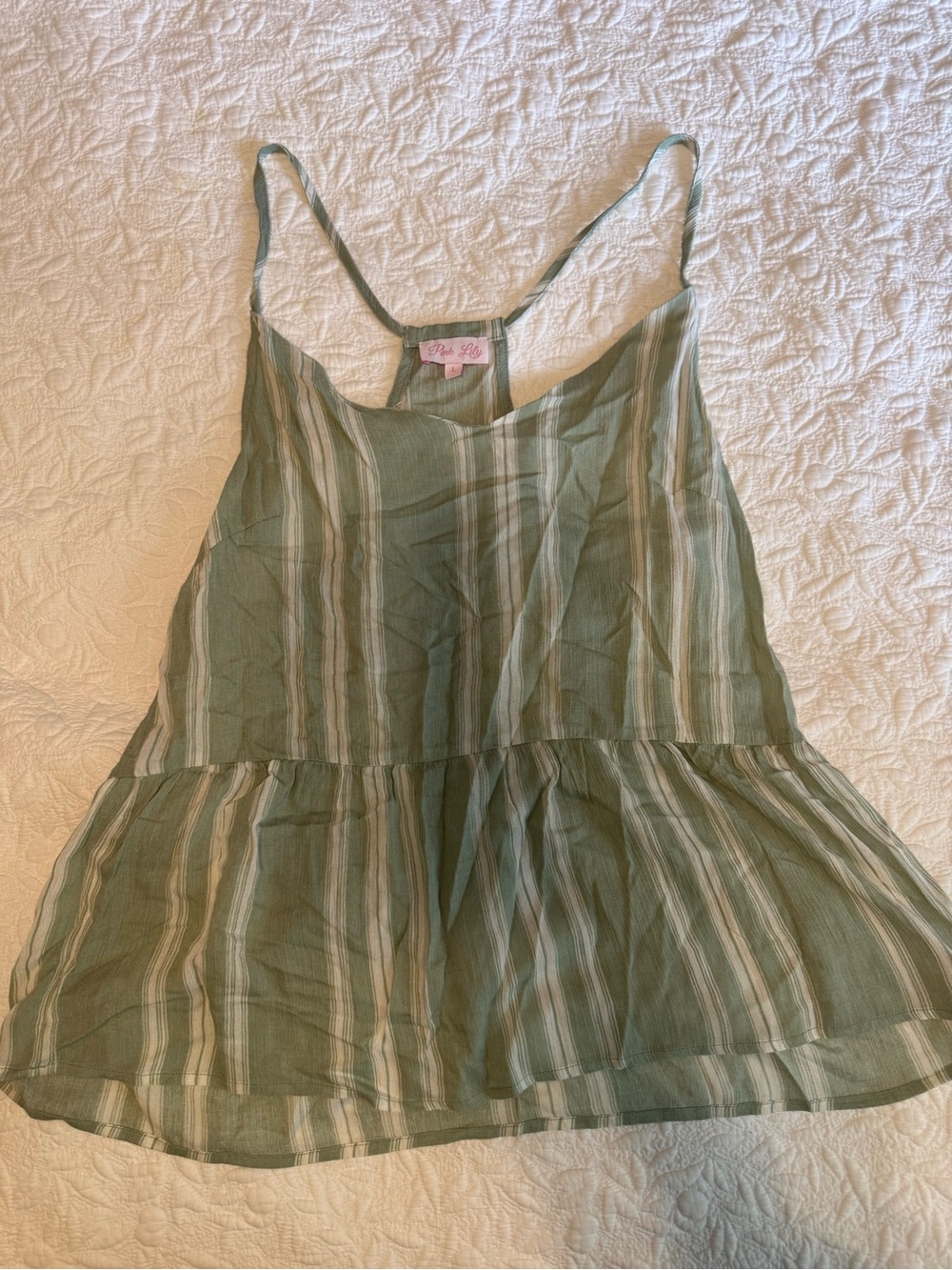 Pink Lily Green and Cream Striped Ruffle Hem Cami